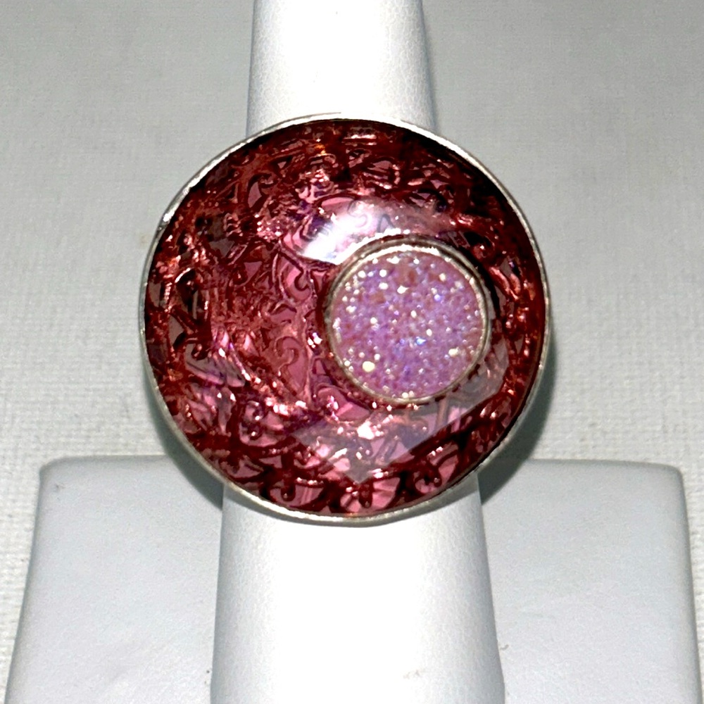 NWOT Sterling Silver Genuine Pink Quartz Druzy Gemstone Ring Designer Sajen Boho